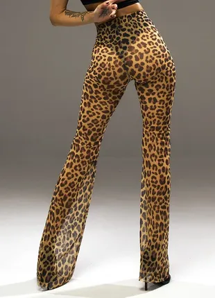 Ошатні прозорі штани блискучі жіночі розкльошені літні брюки леопардовий принт сітка для танців