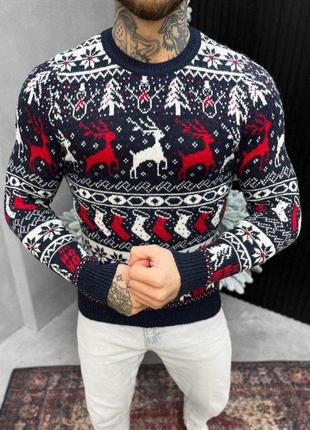 Новорічний светр в'язаний deer темно-синій вт4634