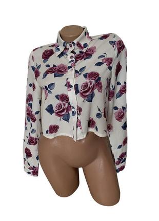 Укороченный топ рубашка на пуговицах с рукавами, цветочный