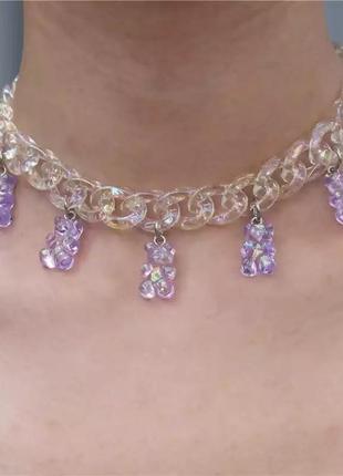 Намисто желейні ведмедики, колір бузковий - довжина 30см (+9см), смола, цинковий сплав, пластик