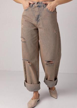 Джинсы baggy с рваными элементами мод 03259