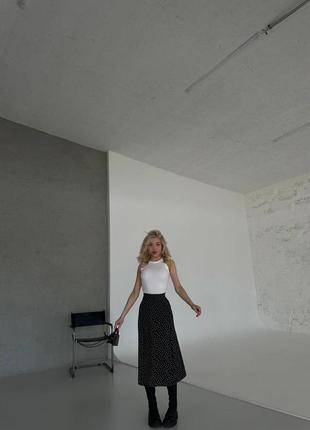 Костюм спідниця міді у горох з розрізом на ніжці+білий топ xs s m l xl 42 44 46 48