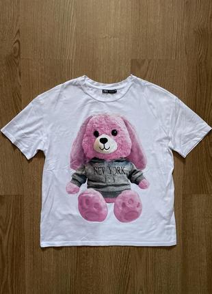 Качественная футболка zara с принтом розового мишки размер s portugal