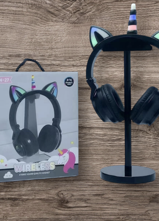 Дитячі бездротові bluetooth - навушники единоріг з котячими вушками та підсвіткою cat ear stn-27 чорні