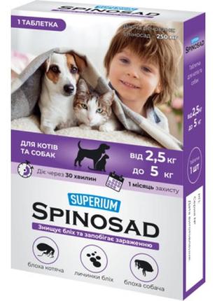 Таблетки для тварин superium spinosad проти бліх для котів і собак вагою 2.5-5 кг (4823089337791)