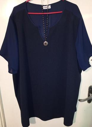 Женственная,комбинированная,трикотажная,синяя блузка,мега батал,janina