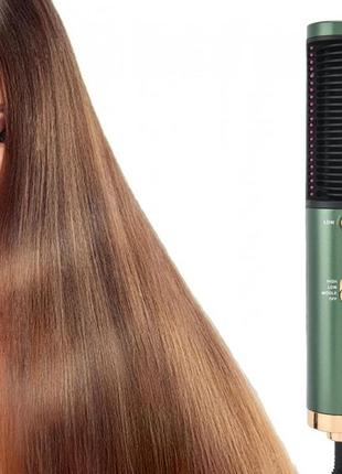 Фен гребінець випрямляч для волосся 2 в 1 hot air brush для укладання волосся темно-зелений pro_349