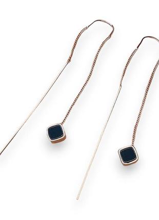 Жіночі довгі сережки протяжки ромбики з чорними фіанітами 5.8 см