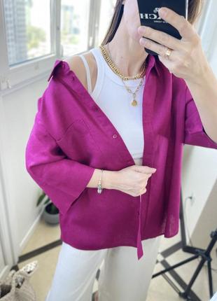 Лляна сорочка в кольорі фуксія батал4 фото