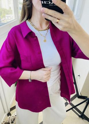 Лляна сорочка в кольорі фуксія батал5 фото