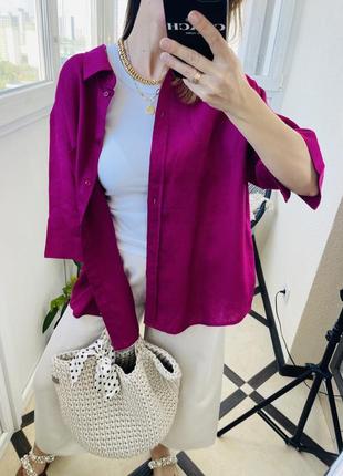 Лляна сорочка в кольорі фуксія батал10 фото