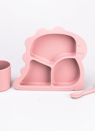 Дитячий набір силіконового посуду чашка / тарілка з трьома секціями / ложка рожевий `ps`