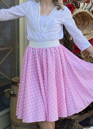 Чаовинная розовая юбка в белый горошек на резинке как новая