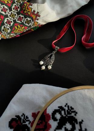 Дукач кулон с жемчугом украинское традиционное ожерелье чокер подвес