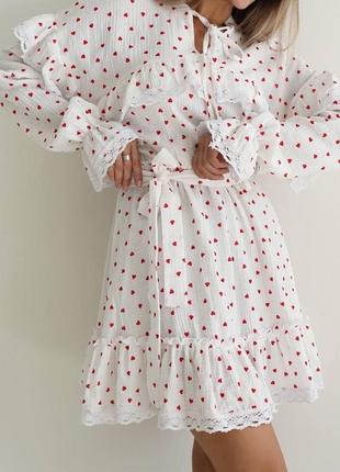 Жіноча літня муслінова сукня міні коротка з рюшами сердечка,женское летнее платье мини муслин сердечки