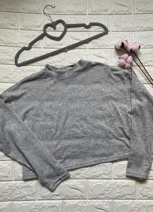 Стильный серый укороченный оверсайз свитер на девочку 14-15 лет кроп топ