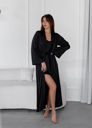 Чорний жіночий домашній комплект одягу (халат та сорочка)