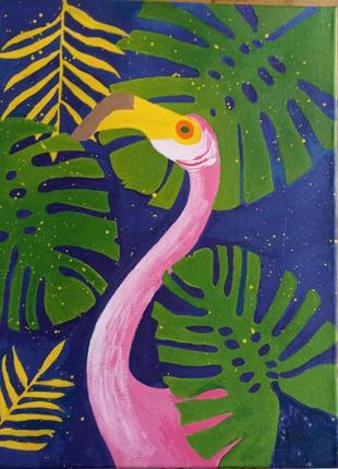 Авторская картинка ручной работы для интерьера "розовый фламинго" 40 на 50 см