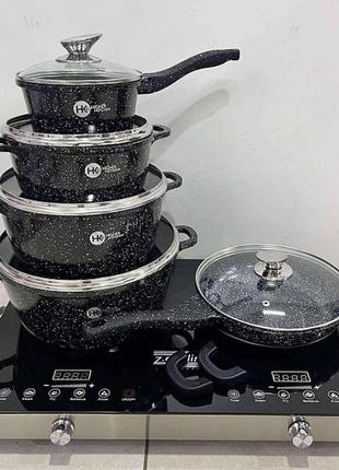 Набір каструль і сковорода higher kitchen hk-305 чорний, набір посуду з гранітним антипригарним покриттям