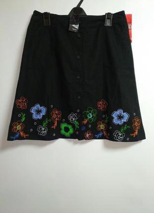 Льняная юбка на пуговицах с вышивкой и аппликацией 14/48-50 размер