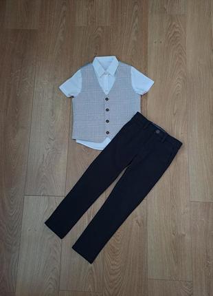 Костюм тройка для мальчика/белая рубашка с коротким рукавом для мальчика/нарядная жилетка/синие брюки