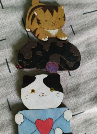 Деревянные магниты ручной работы "кошки" набор коты