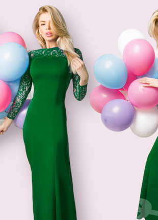 Женское платье макси приталенного кроя с гипюровыми вставками зеленого цвета exclusive
