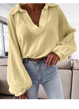 Жовта італійська муслінова блуза сорочка з ажурними манжетами