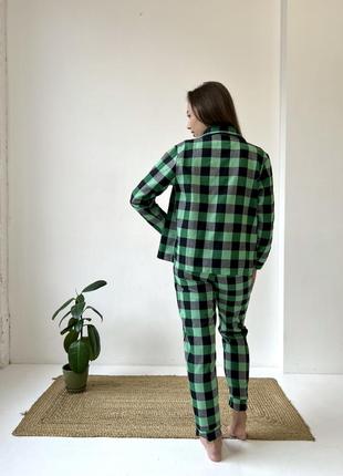 Домашня жіноча піжама 3-ка cosy у клітинку зелено/чорна (сорочка+штани+футболка)2 фото