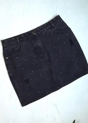 🎁1+1=3 фірмова сіро-чорна джинсова коротка спідниця, розмір 48 - 50