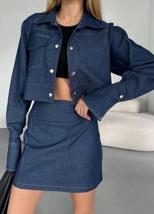 Оригинальный женский джинсовый комплект рубашка и юбка мини стильный костюм