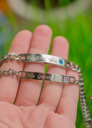 Браслети парні для закоханих her king. his queen неіржавка сталь2 фото