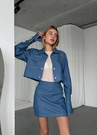 Оригинальный женский джинсовый комплект рубашка и юбка мини стильный костюм