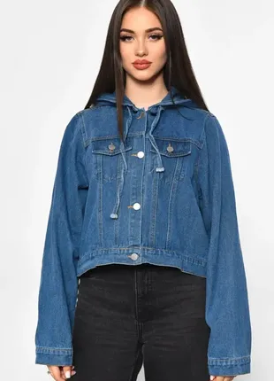Стильная укороченная джинсовка с капюшоном оверсайз пиджак жакет