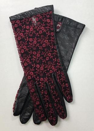 Женские кожаные перчатки без подкладки из натуральной кожи с гипюровой вставкой размер 6,5"/18 см