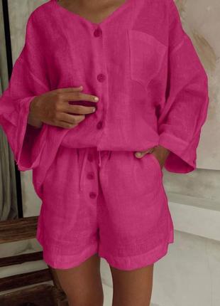 Трендовий легкий лляний комплект жіночий костюм оверсайз сорочка і шорти з льону