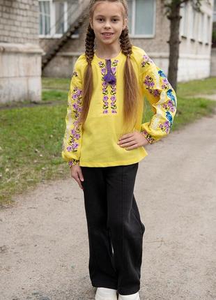 Детская качественная желтая украинская вышиванка для девушек 146 152 158 164 лен