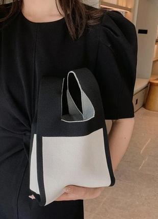 Тренд стильна чорно біла мінімалістична жіноча в'язана текстильна сумка шопер
