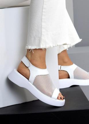 Білі жіночі босоніжки з сіткою з натуральної шкіри шкіряні босоніжки з наскрізною перфорацією