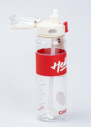 Пляшка для води спортивна 860 мл тритан з ремінцем та ручкою hello червона2 фото
