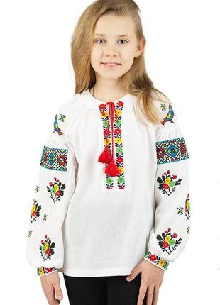 Детская качественная белая украинская вышиванка для девушек 146 152 158 164 лен