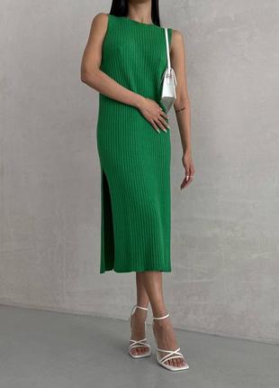 Зелена вʼязана вечірня сукня максі з розрізами на ніжках xs s m l xl 42 44 46 48 50 колір трава сукня плаття преміум