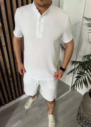 Стильный легкий креповый костюм мужской летний футболка поло и шорты из жатки