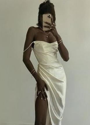 Платье миди, белое, сатиновое, в бельевом стиле, стяжка