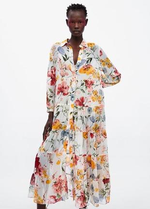 Шифоновое ярусное платье на пуговицах в цветочный принт 12-14 размера
