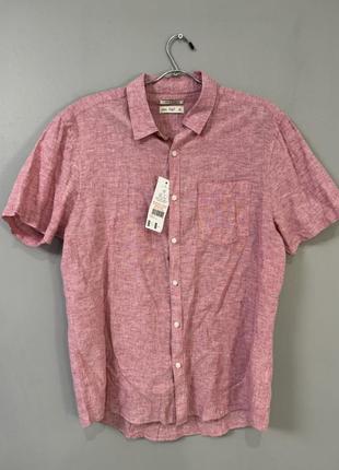 Новая льняная мужская рубашка розовая с этикетками, бренд f&amp;f со снижкой-50%