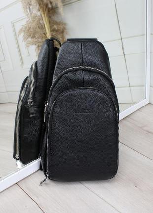 Мужская шикарная качественная и стильная сумка слинг из натуральной кожи черный
