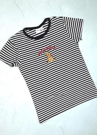 🌿1+1=3 стильная черно-белая футболка в полоску с венни пухом disney, размер 42 - 44