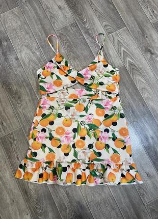 Яркое мини платье в апельсинах и цветах