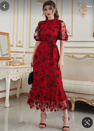 Красное платье сетка миди в цветы, рукава фонарики р 42